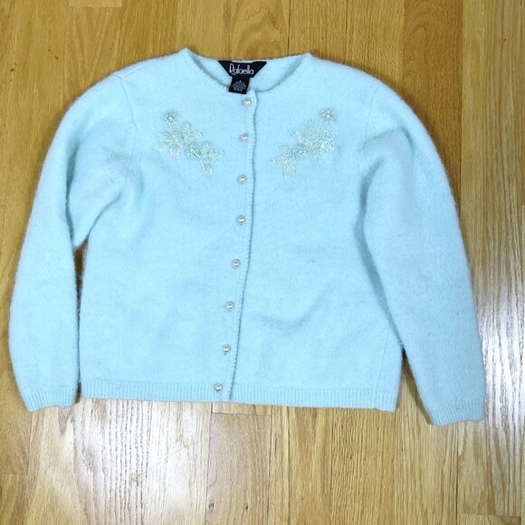Vintage Sweater Cardigan Angora Wool Beads Pearl Buttons Ice Blue Rafaella (L) - Picture 4 of 8